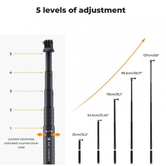 K&F Concept Invisible Selfie Stick, (Carbon Fiber, 127cm) for Insta360, GoPro and DJI Action Cameras | KF.09.140 K&F Concept Invisible Selfie Stick, (Carbon Fiber, 127cm) for Insta360, GoPro and DJI Action Cameras | KF.09.140