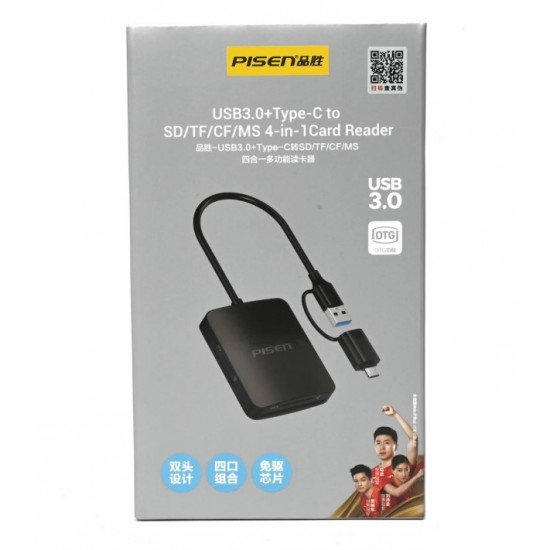 PISEN USB 3.0 4-in-1 Card Reader for SD, MicroSD/CF/TF/MS + Type C