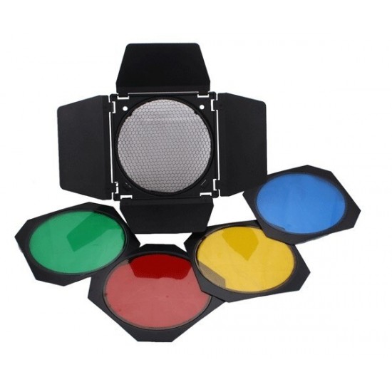 Godox BD-04 Barndoor Kit with 4 Color Gels and Honeycomb for Strobe 