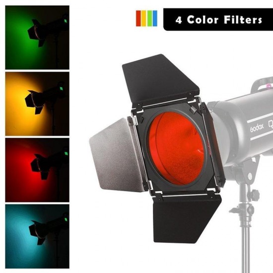 Godox BD-04 Barndoor Kit with 4 Color Gels and Honeycomb for Strobe 