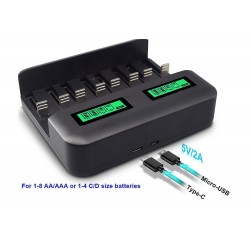 Smart 8 Bay AA/AAA/NI-CD Charger for Rechargeable Batteries with 2A Micro-USB and Type C ports Smart 8 Bay AA/AAA/NI-CD Charger for Rechargeable Batteries with 2A Micro-USB and Type C ports
