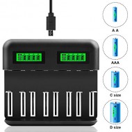 Smart 8 Bay AA/AAA/NI-CD Charger for Rechargeable Batteries with 2A Micro-USB and Type C ports Smart 8 Bay AA/AAA/NI-CD Charger for Rechargeable Batteries with 2A Micro-USB and Type C ports