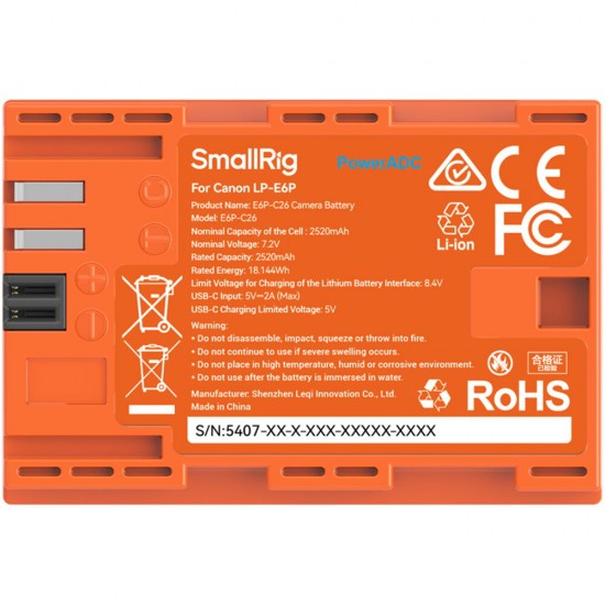 SmallRig LP-E6P USB-C Battery (2520mAh, Orange #5407) SmallRig LP-E6P USB-C Battery (2520mAh, Orange #5407)