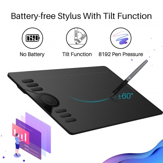 HUION HS610 Graphics Drawing Tablet with Tilt Function Battery-Free Stylus Pen