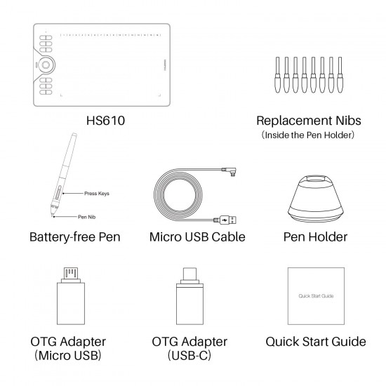 HUION HS610 Graphics Drawing Tablet with Tilt Function Battery-Free Stylus Pen